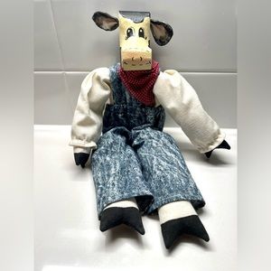 Vintage Wood Cow Doll With Costume Red Bandana Denim Overall Adorable